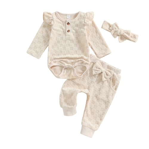 Kuriozud Baby Girl Fall Winter Clothes Ruffle Long Seeve Romper Top and Bow Pants Set with Headband Newborn Girl Outfit