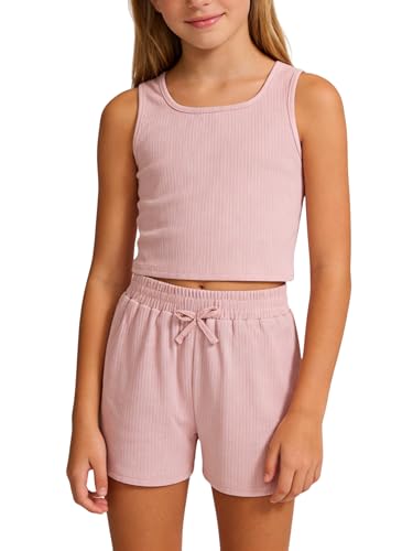 Image of Cakaner Tween Girls 2 Piece Outfit Set Summer Tank Top and Elastic Waist Shorts with Belt Size 7-14