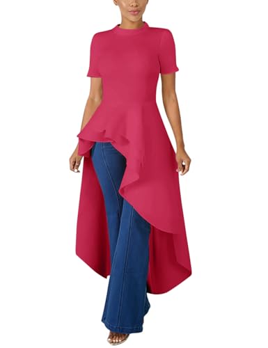 Image of Lrady Womens Casual Shirt Dress High Low Irregular Ruffle Hem Blouse Asymmetrical Peplum Long Tunic Tops