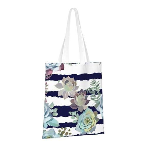 Striped Succulents Print Polyester Canvas Tote Bag, Shopping Bag With Reinforced Handles, Reusable2