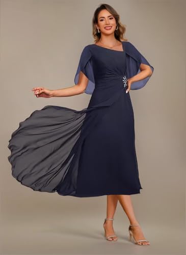 Noras dress Appliques Mother of Bride Dresses for Wedding Ruffle Cap Sleeves Tea Length Mother Dress Formal B0964