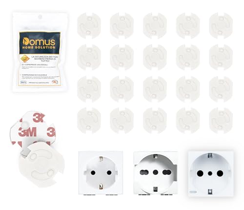 DOMUS® Copriprese per Bambini, 20 Copri Prese Corrente Bambini per Prese Schuko con Adesivo 3M (Bianco)