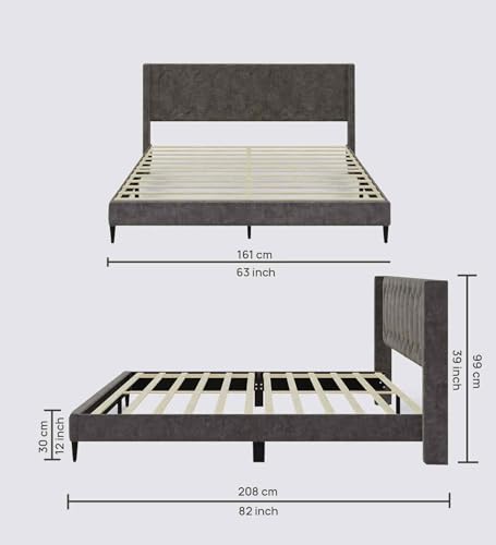 Image of Mintwud Pepperfry Mason Upholstered Queen Size Bed Without Storage | Wooden Double Bed with Tufted Headboard for Bedroom Living Room Home and Hotel (Grey)