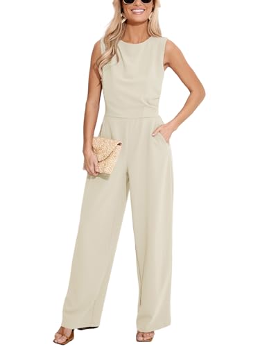 CUPSHE Damen Jumpsuit Rundhals Ärmellos Overall Plissee Weite Beine Playsuit mit Taschen Elegant Hosenanzug