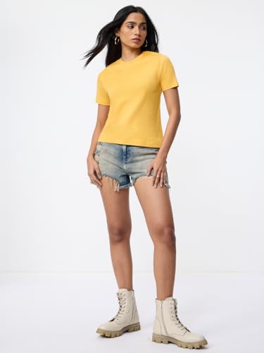 Image of The Souled Store Casual Classics: Women and Girls Short Sleeves Spread Collar Solid Cotton Regular Fit Breathable Lightweight Trendy Everyday T-Shirt