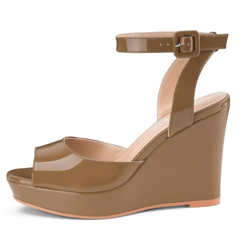 Image of Women's Dressy Platform Wedge Sandals Gold Wedges Peep Toe Patent High Heels Slingback Heeled Comfortable Ankle Strap Shoes