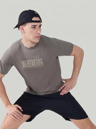 Image of TECHNOSPORT Men's Typography Printed T-Shirt COTFLEX Quick Dry Slim Fit Round Neck Sports Tee for Gym Running Casual Wear UPF50+ Anti Odour