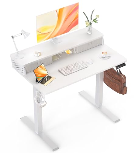 YOLEZO Small Standing Desk with Two Drawers, 40" x 24" Electric Sit Stand Desk for Walking Pad, Ergonomic Stand Up Desk for Home Office & Gaming, 3 Memory Height Preset & Hooks(White)