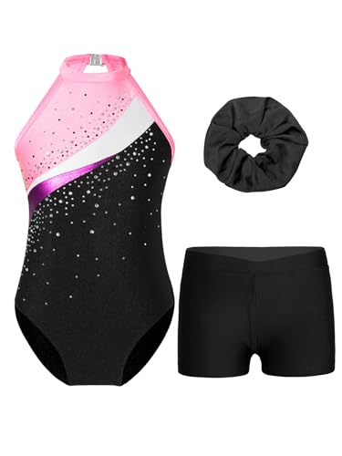Oyolan Bambino Ragazza Body Ginnastica Strass Stampati con Pantaloncini Palestra Danza Pattinaggio Allenamento Performance Costume 5-16 Anni, Tipo F Nero&rosa, 11-12 Anni
