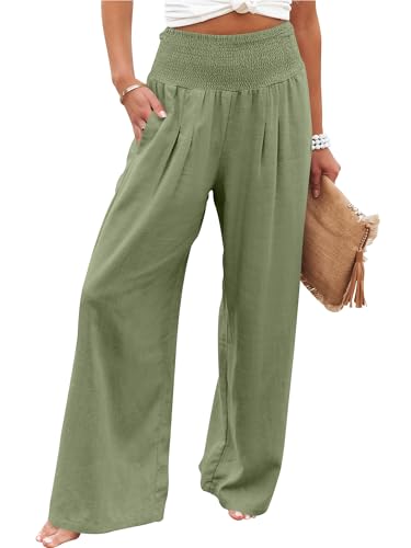 ANRABESS Women Linen Palazzo Pants Summer Boho Wide Leg High Waist Casual Lounge Pant 2026 Beach Travel Vacation Outfits Olive X-Large