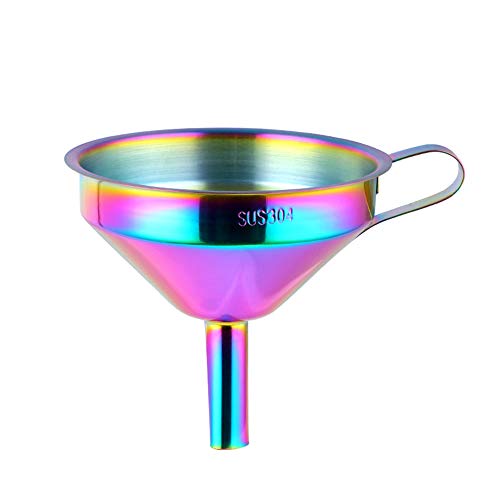 Stainless Steel Wide Mouth Funnels with Detachable Strainer, 5-inch Funnel for Filling Small Bottles and Jars, Cooking Oil and Transmission Liquid, Food Grade Metal Kitchen Funnels Rainbow