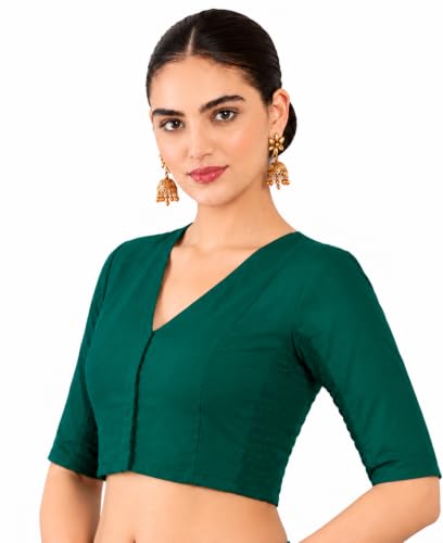 Image of Pujia Mills Women's Taffeta Silk V Neck Smocked Stretchable Readymade Saree Blouse for Women Stylish