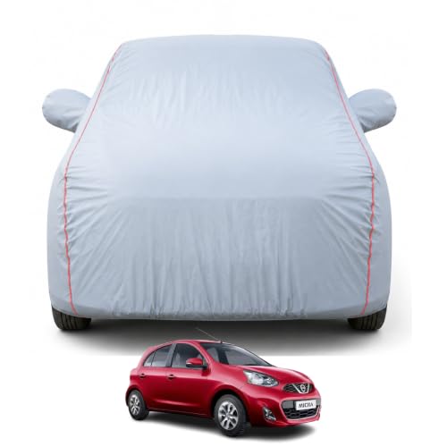 Image of Car Cover for Micra100% Waterproof | Premium Full Body Cover with Mirror Pockets, Triple Stitched, Bottom Elastic, UV, Dust & Scratch Protection, Belt & Buckle (Dark Grey)