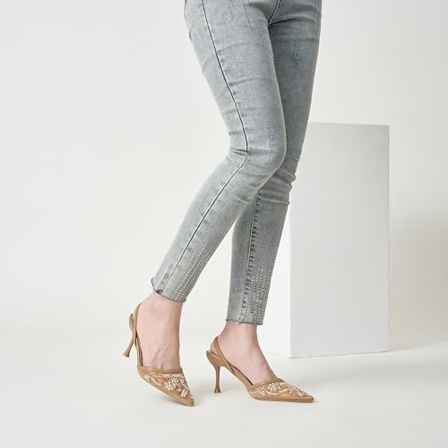 Image of Embroidered Mesh Slingback Heels for Women White Pearl Kitten Heel Pumps Pointed Toe Backless Wedding Shoes
