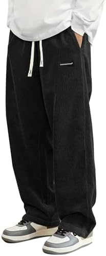 Hidkat Mens Corduroy Casual Pants Fashion Loose Fit Wide Leg Pants Straight Sweatpants Elastic Waist Drawstring Black