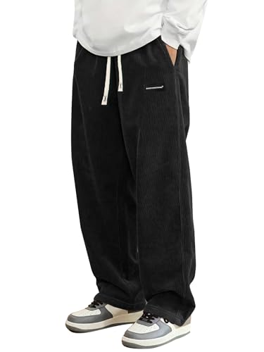 Mens Corduroy Casual Pants Fashion Loose Fit Wide Leg Pants Straight Sweatpants Elastic Waist Drawstring
