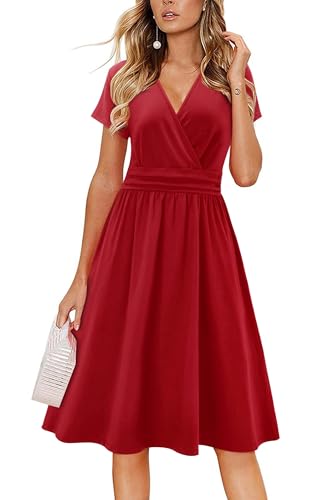 Image of Newshows Womens Summer Short Sleeve Casual Dresses V Neck Floral Vacation Sundress Faux Wrap Midi Dress with Pockets