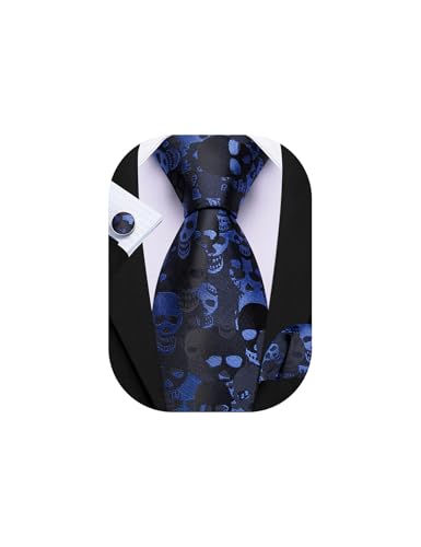 Image of Barry.Wang Mens Ties Blue Black Skull Fun Neckties Handkerchief Cufflinks Set Party Festival Halloween