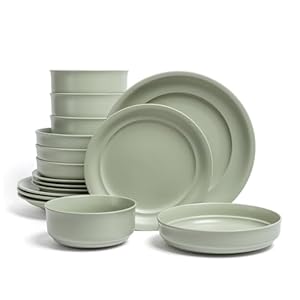 over&back Rim Dinnerware Set – Stoneware Dishes – Comes with 4 Dinner Plates, Salad Plates, Cereal Bowls, and Dinner Bowls – 16-Piece All-Occasion Place Settings – Serves Four – Semi-Matte Sage