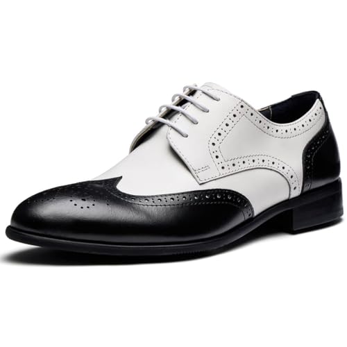 Image of Men's Dress Shoes, Genuine Leather Oxford Shoes for Men, Wingtip Brogue and Plain Toe Lace Up Formal Business Wedding Derby Shoes