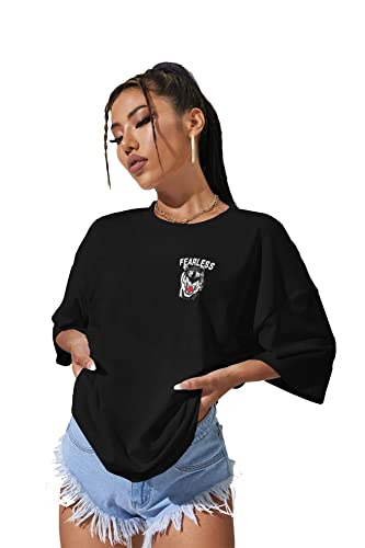 Image of LEOTUDE Women's Cotton Oversized Fit Short Sleeve with Round Neck, Oversized Longline Drop Shoulder, Back Printed T-Shirt