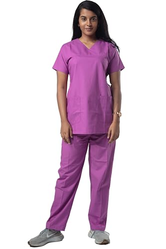 Image of Uniform Craft Women's 4 Pocket Scrub Suit Set | Medical Uniform | Cross V-Neck Poly Cotton | Short Sleeve Hospital Wear | Ideal for Doctors & Nurses (Lilac, 2XL)