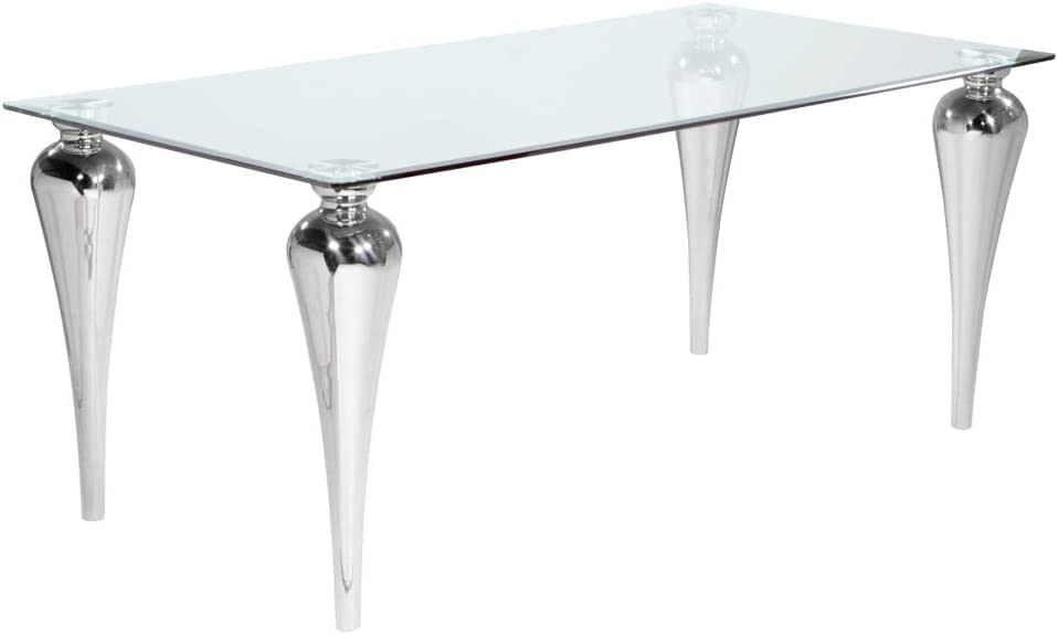 Uptown Club Dining Table with Tempered Glass Top, Elegant Statement Piece for Contemporary Home, 71" x 35", Silver