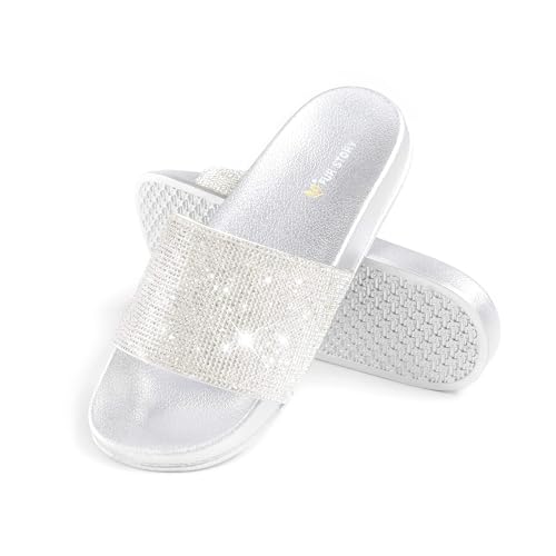 Fur Story Womens Slides House Slippers Rhinestone Glitter Slides Cute bling Flat for Women Platform Sandals Cozy Bedroom Slippers Shower Shoes