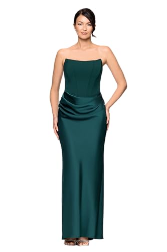 Image of Betsy & Adam Women's Floor Length, Strapless Boned Corset Detail Dress with Draped Satin Ruched Skirt