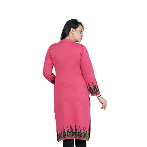 Image of Rosary Women's Winter Wear Jacquard Woolen Straight Kurti with 2 Side Pockets,Hotpink Kurti,XL