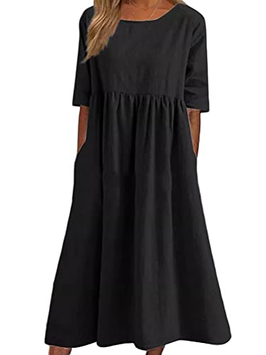 Onsoyours Sommerkleid Damen Leinenkleider Casual Rundhalsausschnitt Kurzarm Freizeitkleid Strandkleider Boho Langes Kleid mit Taschen Sommer A Schwarz...