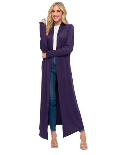 Image of Isaac Liev Women's Maxi Cardigan - Casual Long Flowy Open Front Floor Length Drape Lightweight Duster Sweater 136 Eggplant M