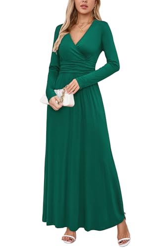 OUGES Damen Kleid Langarm V-Ausschnitt Winterkleid Casual Boho Kleider Maxikleid mit Taschen Herbstkleid(Grün, XL)