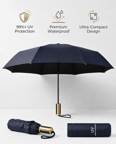 Image of UV Protection Compact Folding Umbrella for Men & Women || Windproof, Waterproof Travel Umbrella with Storage Case || Sun & Rain Protection || Lightweight Portable Umbrella