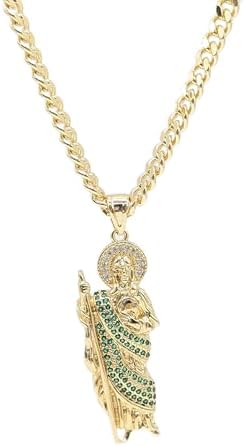 Colar com pingente religioso Saint Jude, corrente cubana banhada a ouro de 55 cm, detalhes em zircôn...