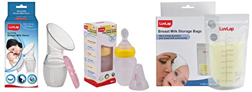 Image of LuvLap Baby Breast Milk Storage Bags (Pack of 25) Disposable Milk Freezer Bags, Transparent & Easy Squeezy Food Feeder - 180 ml & Luvlap Silicone Food Grade Breast Milk Catcher /Saver(White, 100ml)