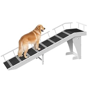 HOOBRO Dog Ramp for Bed, Large Wooden Pet Ramp for Dogs with Non-Slip Carpet Surface, Safety Rails, and Top Platform, 70.9″ x 15.7″ x 23.6″, White and Black BW18PT03G1