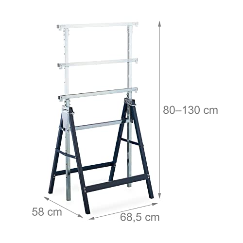 Relaxdays Gerüstbock, 2er Set, 7-Fach höhenverstellbar, 200 kg belastbar, klappbar, Unterstellbock, Stahl, blau-Silber