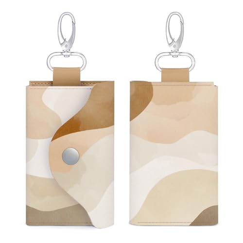 Soft Beige And Cream Abstract Shapes Key Holder Bag PU Leather ID Card Holder Keychains Case Cover for Men Women3