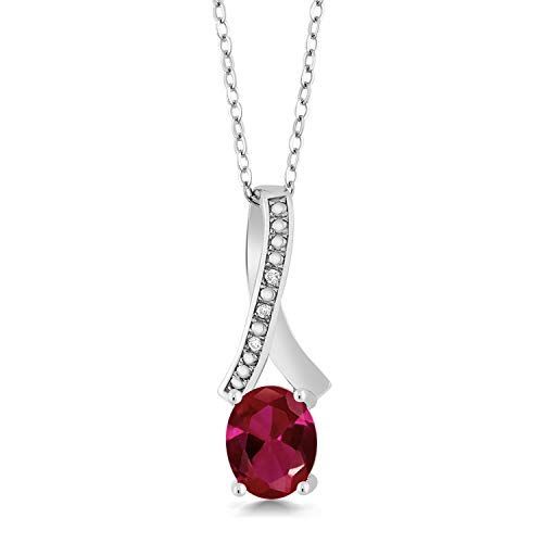 Gem Stone King 1.04 Ct Oval Red Created Ruby White Diamond 925 Sterling Silver Pendant