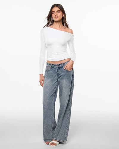 Image of INLYRIC Women's Inbarely Seasons Off The Shoulder Double Lined Long Sleeve Tops Going Out Slim Fitted Sexy T-Shirts