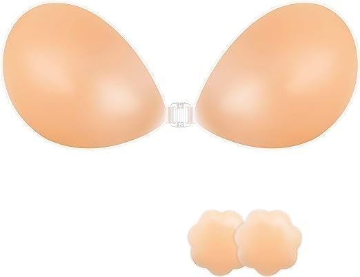Women's and Girls'Reusable Silicone Adhesive Stick on Bra Strapless Sticky Invisible Push up Silicone Bra for Backless Dress with Nipple Covers