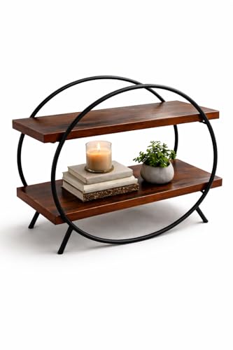 Image of Kitchen Organizer Rack - Wooden Kitchen Shelf, Rack for Kitchen Storage, Circular Countertop Spice Organizer, Mango Wood & Iron, Space Saving (40.5 x 16.5 x 37 cm)