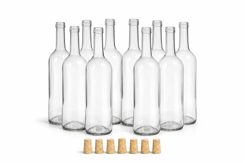 Taninea Botellas Cristal Vacías para Vino 750 ml Blanca/Transparente con Corcho Cónico Natural – Pack 12 – Tipo Bordelesa – Reutilizables para Vino Casero, Licores, Aceites y Vinagres