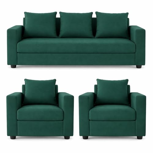 Image of Wood 3+1+1 Sofa Set 5 Seater | Velvet Fabric Upholstery | Wooden Frame Sofa Set with 3 Seater & 2 Single Chairs for Living Room, Home & Office (Green)