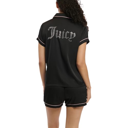 Juicy Couture Women's 2 Piece Satin Notch Collar Button Down Shirt and Pajama Shorts Lounge and Sleepwear Set2