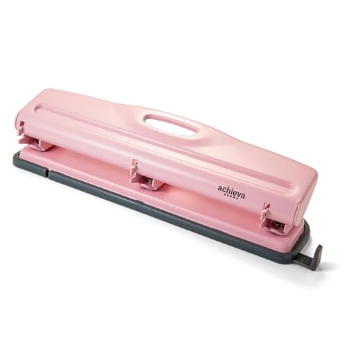 Achieva Economy 3-Hole Punch - 12 Sheet Capacity, Paper Punch with Retractable Paper Guide, Easy Pull Chip Tray with See-Thru Window, Solid Steel Construction, Pink