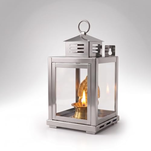 Image of Nakshathra Stainless Steel Wall Mounted Oil Lamp with Glass Cover, Deepam Lid, Windproof Hanging Diya Lantern for Home & Temple Pooja, Ideal for Decorating Indoor and Outdoors (Small)