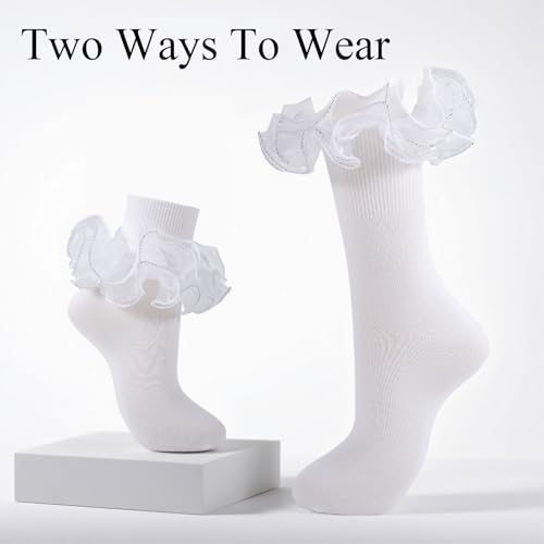 Women Big Ruffle Socks Adult 4-Layer Lace Frilly Ankle Socks Fold Cuff Cotton Ruffled Dress Crew Bobby Fancy Sock2