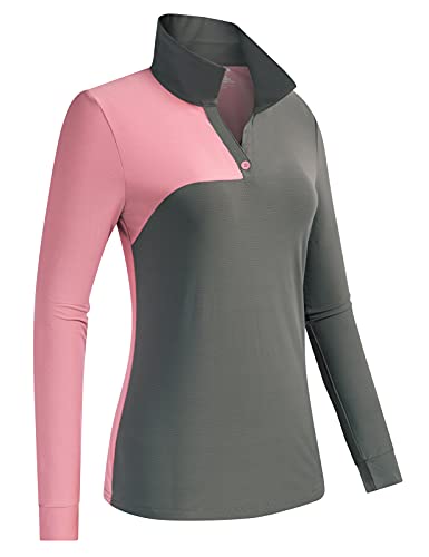 Women Golf Polo Shirts Long Sleeve Moisture Wicking Golf Apparel Lady Golf Tops(L, Grey + Pink)